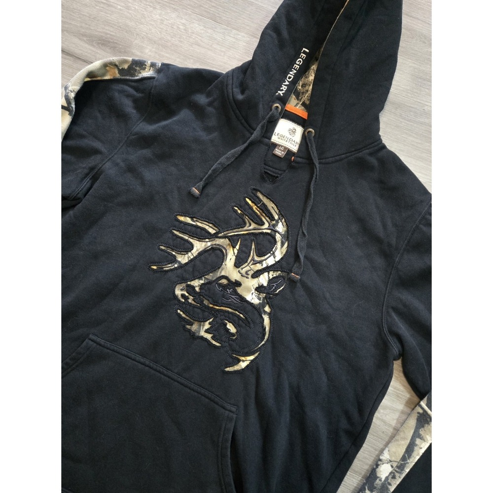 Legendary Whitetails Outfitter Hoodie Mens Large Black Camo Buck Logo Pullover - Picture 3 of 13